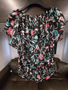 LC Lauren Conrad Black Floral Ruffle Blouse with Teal & Pink Accents